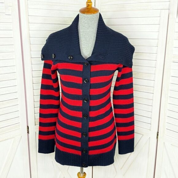 Banana Republic Striped Shawl Collar Button Up Cardigan Sweater Red Blue Small - Picture 1 of 12